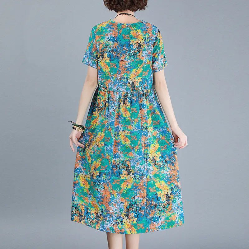 SaneShoppe-Vintage Folk Hand-Painted Spliced Midi Dress for Women - Summer Casual Loose Fit Round Neck