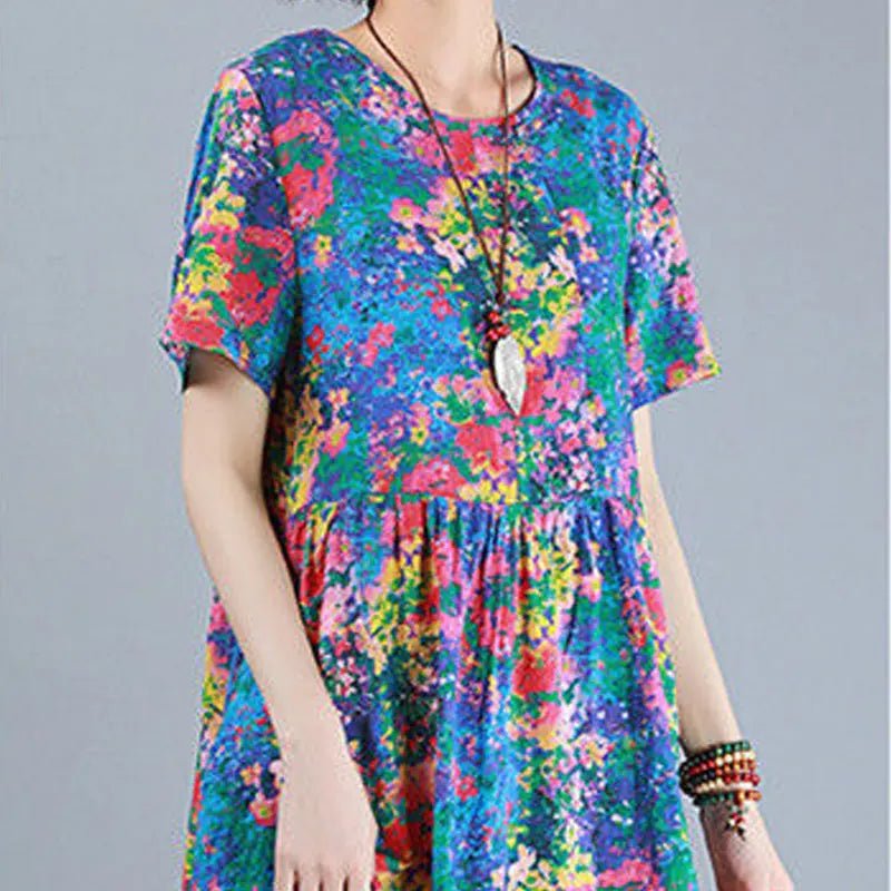 SaneShoppe-Vintage Folk Hand-Painted Spliced Midi Dress for Women - Summer Casual Loose Fit Round Neck