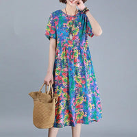 SaneShoppe-Vintage Folk Hand-Painted Spliced Midi Dress for Women - Summer Casual Loose Fit Round Neck