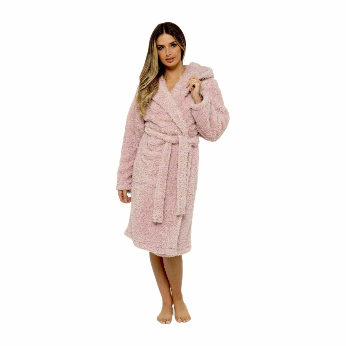 SaneShoppe - Women's Dusky Pink Teddy Fleece Hooded Robe Ultra Soft Cozy Bathrobe Winter Loungewear Pajamas for Ladies by Daisy Dreamer