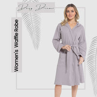 SaneShoppe - Women's Hooded Waffle Cotton Bathrobe Grey Super Absorbent Spa Dressing Gown for Home Lounge & Travel by Daisy Dreamer