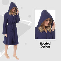 SaneShoppe - Women's Hooded Waffle Cotton Bathrobe Navy Super Absorbent Spa Dressing Gown for Home Lounge & Travel by Daisy Dreamer