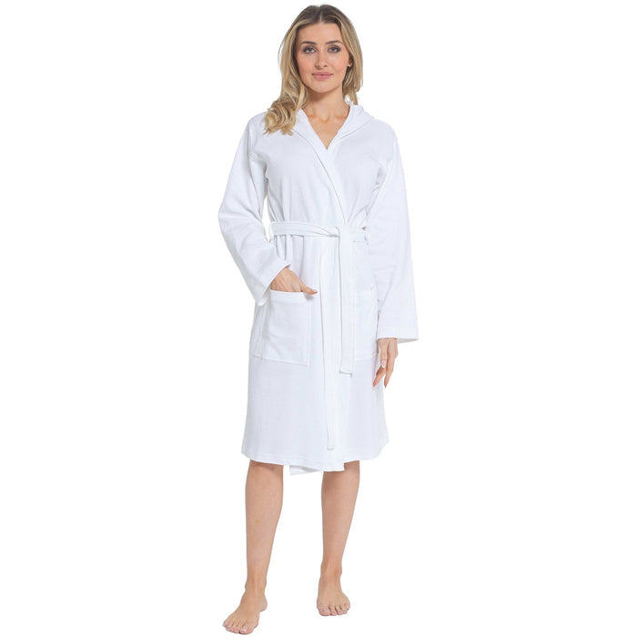 SaneShoppe - Women's Hooded Waffle Cotton Bathrobe White Super Absorbent Spa Dressing Gown for Home Lounge & Travel by Daisy Dreamer