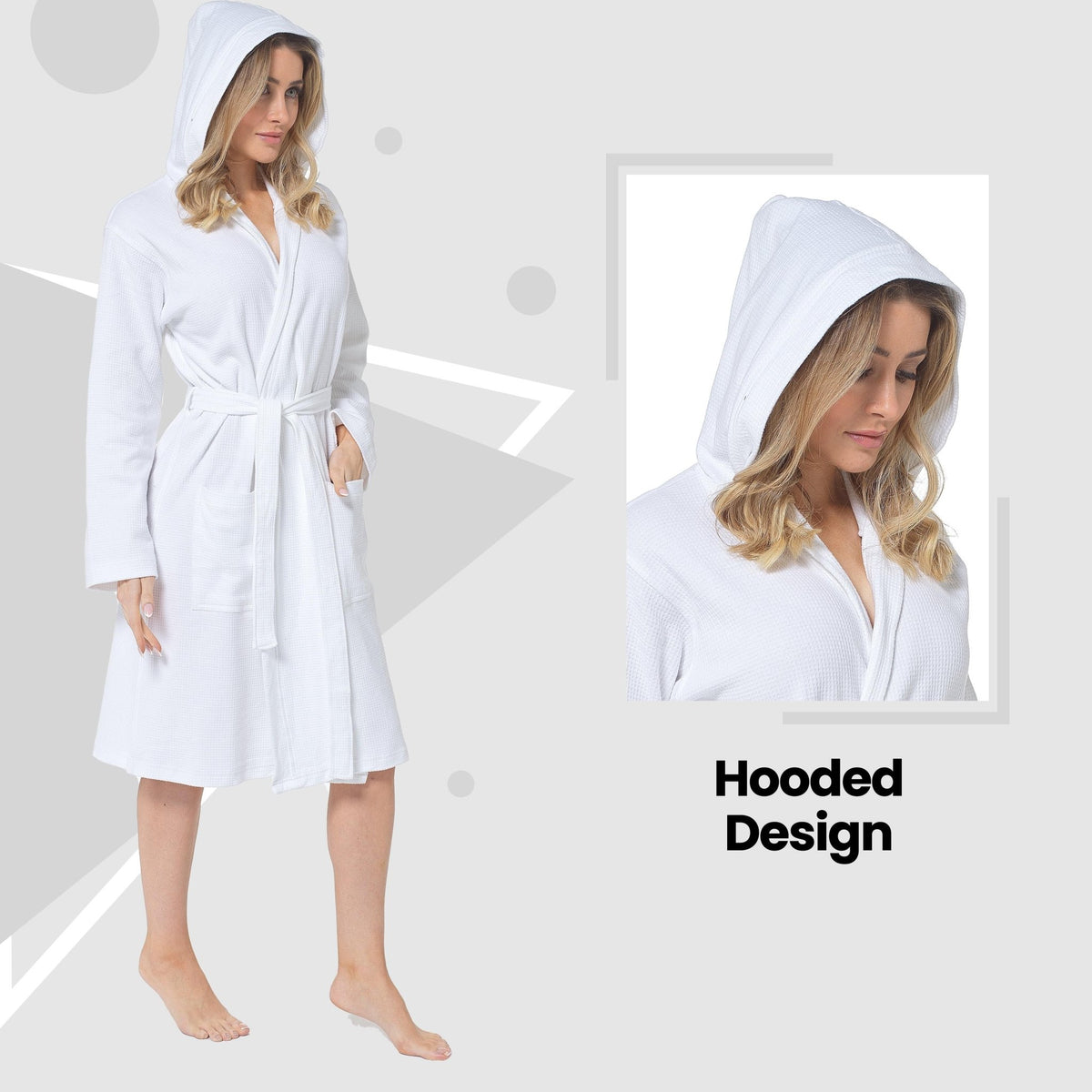 SaneShoppe - Women's Hooded Waffle Cotton Bathrobe White Super Absorbent Spa Dressing Gown for Home Lounge & Travel by Daisy Dreamer