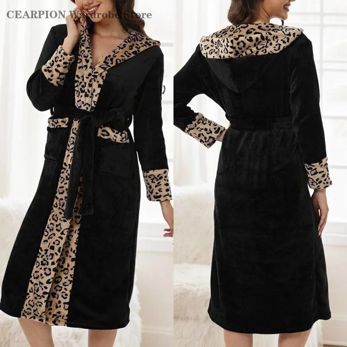 SaneShoppe-Leopard Print Women's Flannel Robe, Coral Fleece, Knee-Length