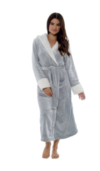 SaneShoppe - Women's Luxurious Shimmer Grey Fleece Dressing Gown With Sherpa Fur Hood Plush Flannel Bath Robe Elegant Silver Soft Cozy Loungewear by Daisy Dreamer