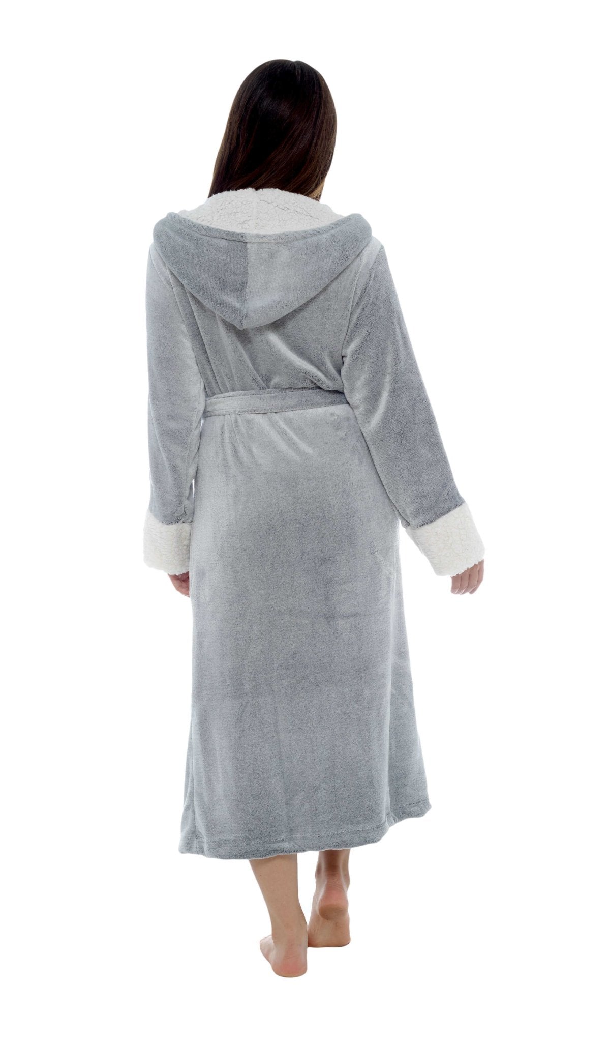 SaneShoppe - Women's Luxurious Shimmer Grey Fleece Dressing Gown With Sherpa Fur Hood Plush Flannel Bath Robe Elegant Silver Soft Cozy Loungewear by Daisy Dreamer