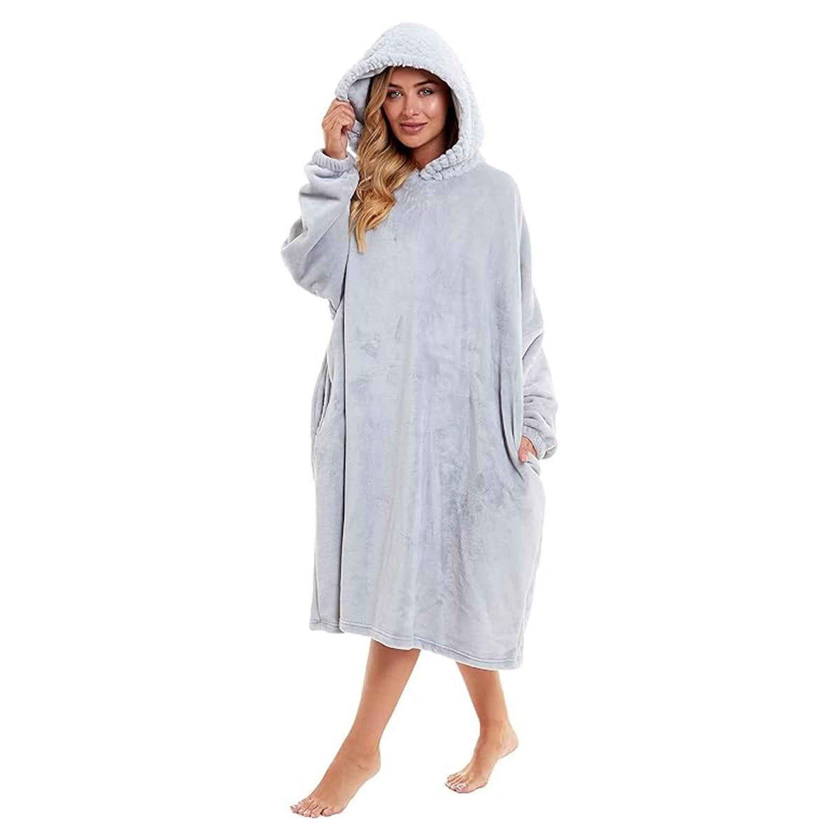 SaneShoppe - Women's Oversized Plush Hooded Poncho Blanket Cozy Fleece Hoodie with Fur Hood Ideal for Lounging Camping Outdoor Warmth by Daisy Dreamer