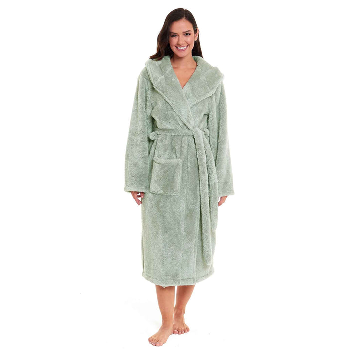 SaneShoppe - Women's Sage Green Snuggle Fleece Touch Hooded Robe Luxurious Soft Loungewear Cosy Durable Dressing Gown UK Sizes 8 - 22 by Daisy Dreamer