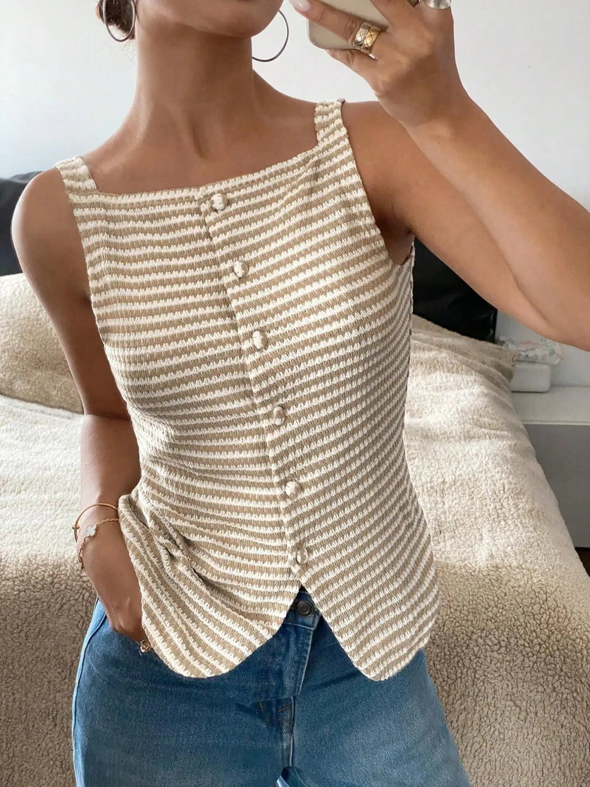SaneShoppe-Ladies' Sheer Striped Button-Up Vest Casual Sleeveless Top for Daily Wear