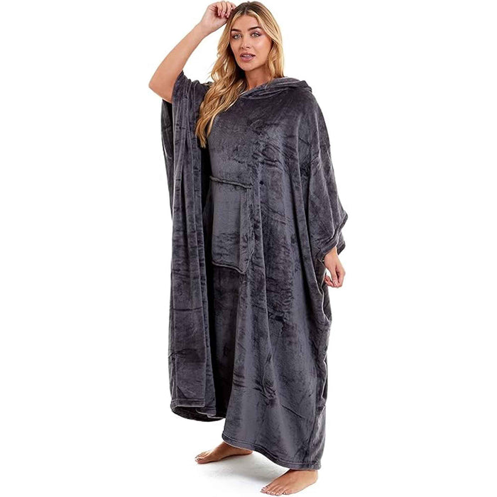 SaneShoppe - Women's Super Soft Oversized Hooded Poncho Blanket Navy Charcoal Flannel Fleece Cozy Loungewear Nightwear Warm Hoodie One Size Fits Most Adults by Daisy Dreamer