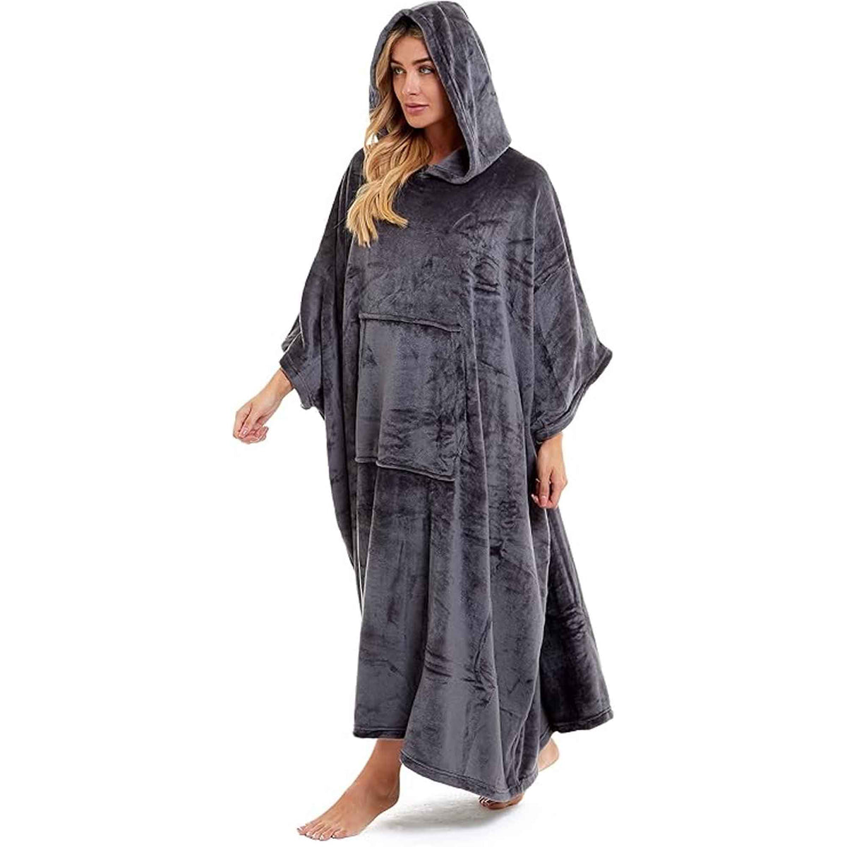 SaneShoppe - Women's Super Soft Oversized Hooded Poncho Blanket Navy Charcoal Flannel Fleece Cozy Loungewear Nightwear Warm Hoodie One Size Fits Most Adults by Daisy Dreamer