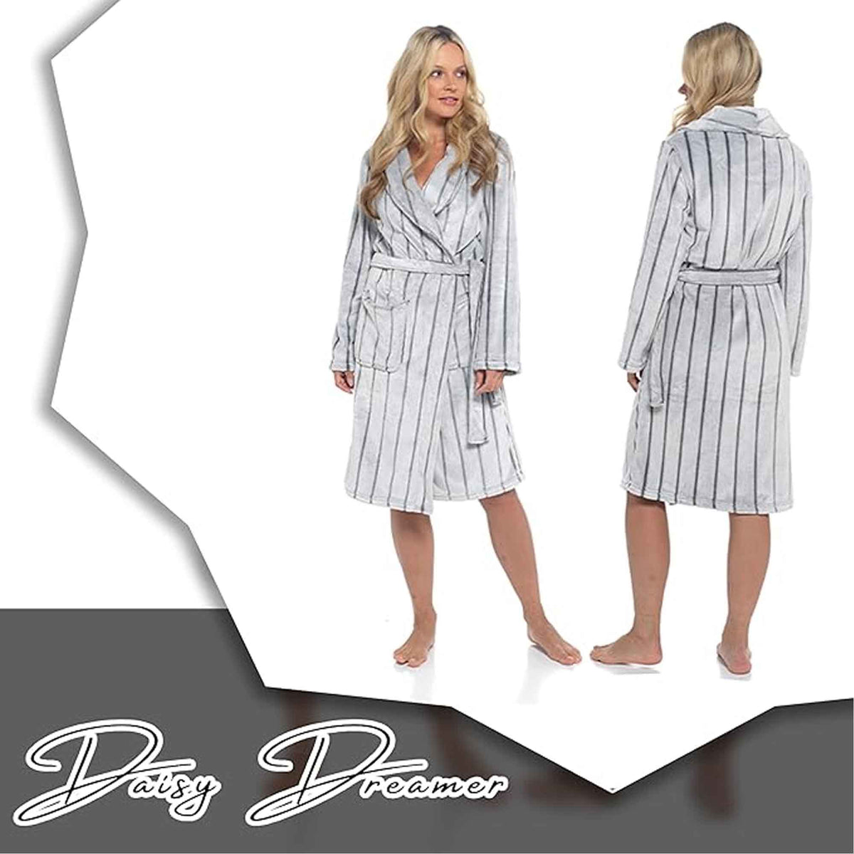 SaneShoppe - Women's Ultra Soft Velvet Fleece Hooded Bathrobe with Shawl Collar Shadow Stripe Design Grey and Charcoal All Sizes by Daisy Dreamer