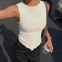 SaneShoppe - Women's Y2K cream double - layer lace slim shoulder strap vest - asymmetrical hem, round neck, lightweight summer shirt,