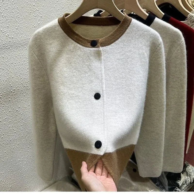 SaneShoppe-Xiaoxiangfeng Women's Contrast Sweater Jacket for Cozy Style in Autumn Winter Spring
