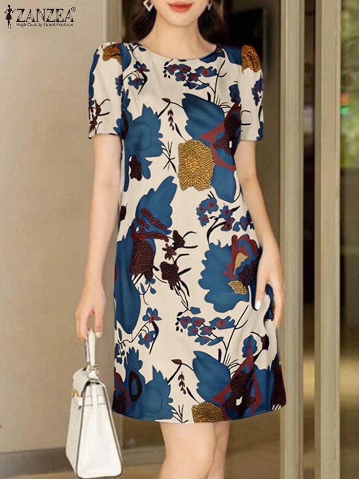 SaneShoppe - ZANZEA Elegant Women Knee - length Dresses 2025 Fashion Casual Short Sleeve Floral Print Party Dress O - Neck Holiday Robes Femme
