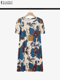 SaneShoppe - ZANZEA Elegant Women Knee - length Dresses 2025 Fashion Casual Short Sleeve Floral Print Party Dress O - Neck Holiday Robes Femme