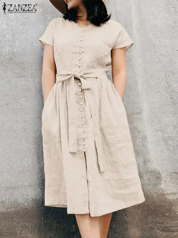 SaneShoppe - ZANZEA Woman Fashion Solid Dress Short Sleeve O - Neck Dresses Summer Elegant A Line Sundress Vintage Office OL Vestidos Oversized