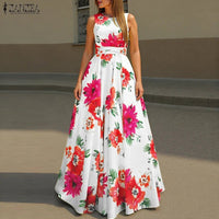 SaneShoppe - ZANZEA Women Floral Printed Bohemian Sundress 2026 Summer Tank Dress Fashion Sleeveless Waisted Robe Casual Party Maxi Dresses