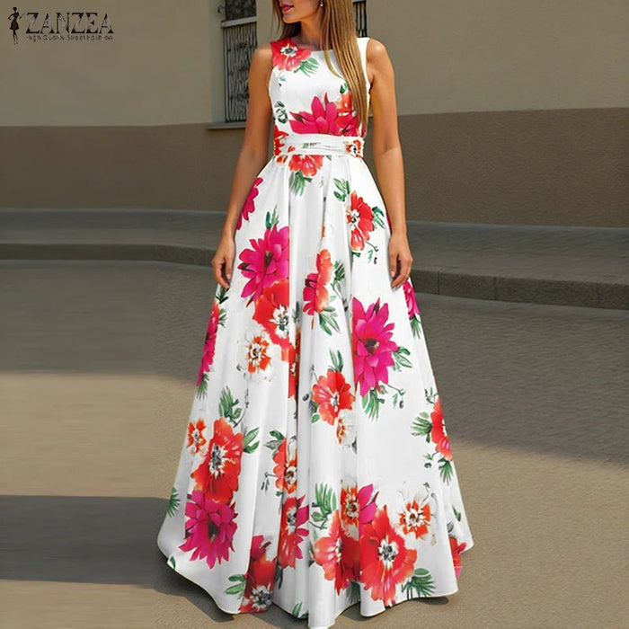 SaneShoppe - ZANZEA Women Floral Printed Bohemian Sundress 2026 Summer Tank Dress Fashion Sleeveless Waisted Robe Casual Party Maxi Dresses