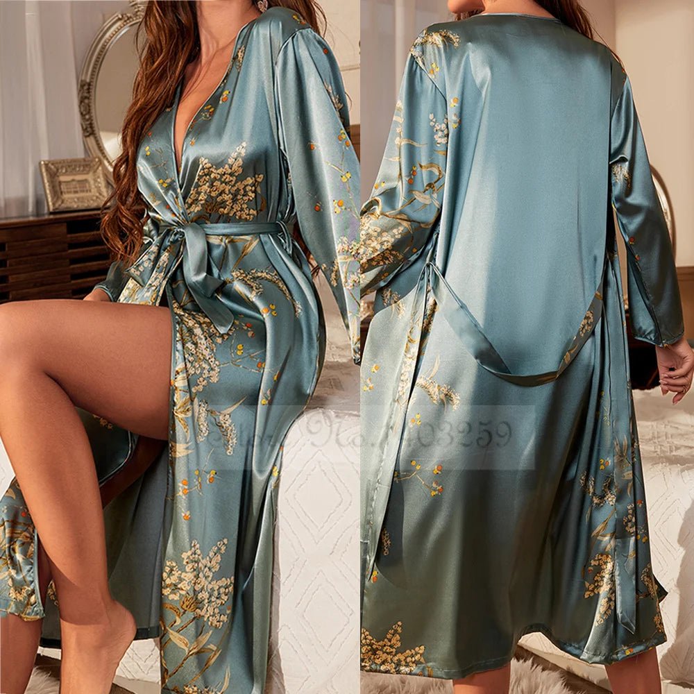 SaneShoppe - Attractive Female Twinset Satin Robe Set Featuring a Cherry Flower Print