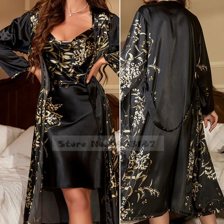 SaneShoppe - Attractive Female Twinset Satin Robe Set Featuring a Cherry Flower Print