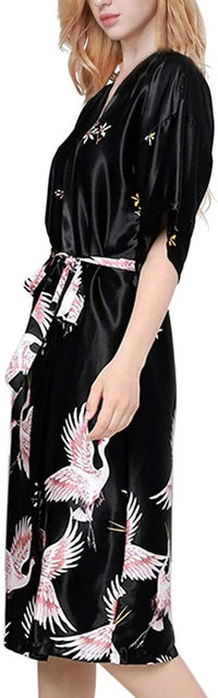 SaneShoppe - Black Satin Kimono Women's Wedding Robe Gown Sexy Flower M - 3XL