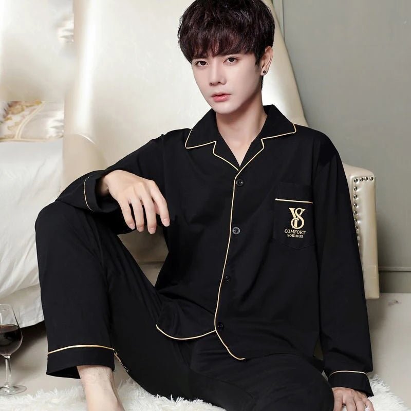 SaneShoppe - Cotton Men Pajamas Set Long - Sleeved Plus Size Plaid Sleepwear 2PCS/Set