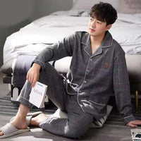 SaneShoppe - Cotton Men Pajamas Set Long - Sleeved Plus Size Plaid Sleepwear 2PCS/Set