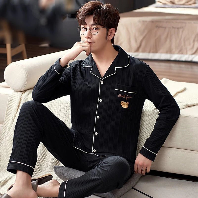 SaneShoppe - Cotton Men Pajamas Set Long - Sleeved Plus Size Plaid Sleepwear 2PCS/Set