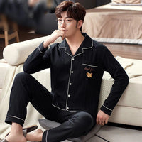 SaneShoppe - Cotton Men Pajamas Set Long - Sleeved Plus Size Plaid Sleepwear 2PCS/Set
