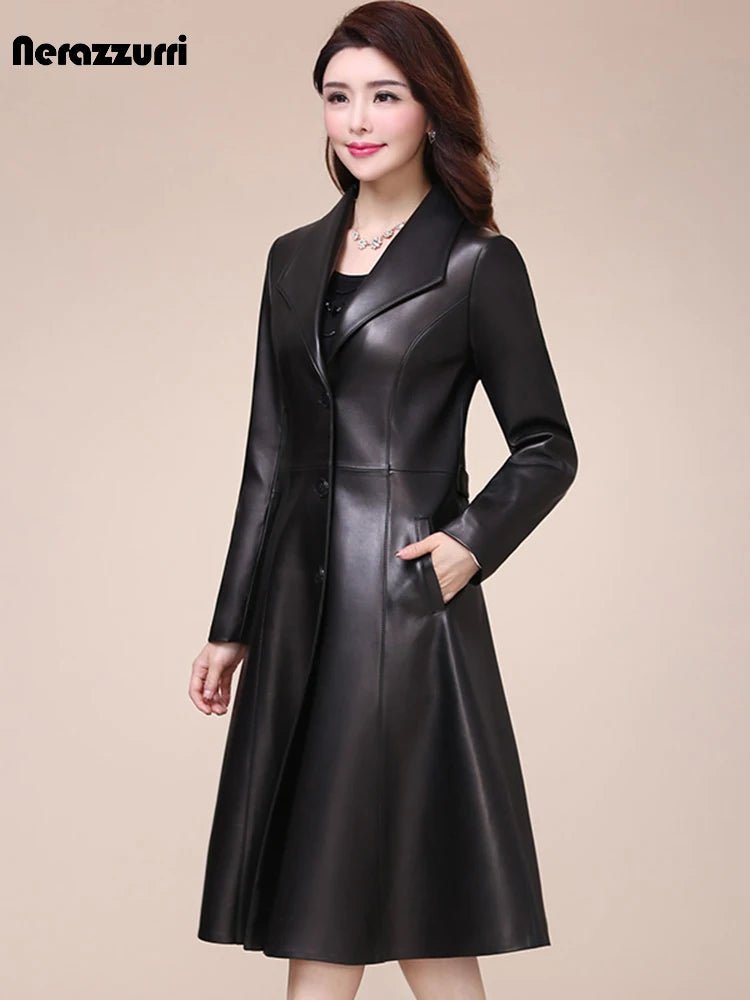 SaneShoppe - Elegant Nerazzurri Women's Faux Leather Jacket Long Black Soft Slim Fit Long Sleeve Button - Up for Spring and Autumn