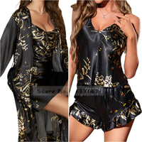 SaneShoppe - Female Four - Piece Set Loungewear: Sexy Print Cherry Satin Bathrobe Nightgown.