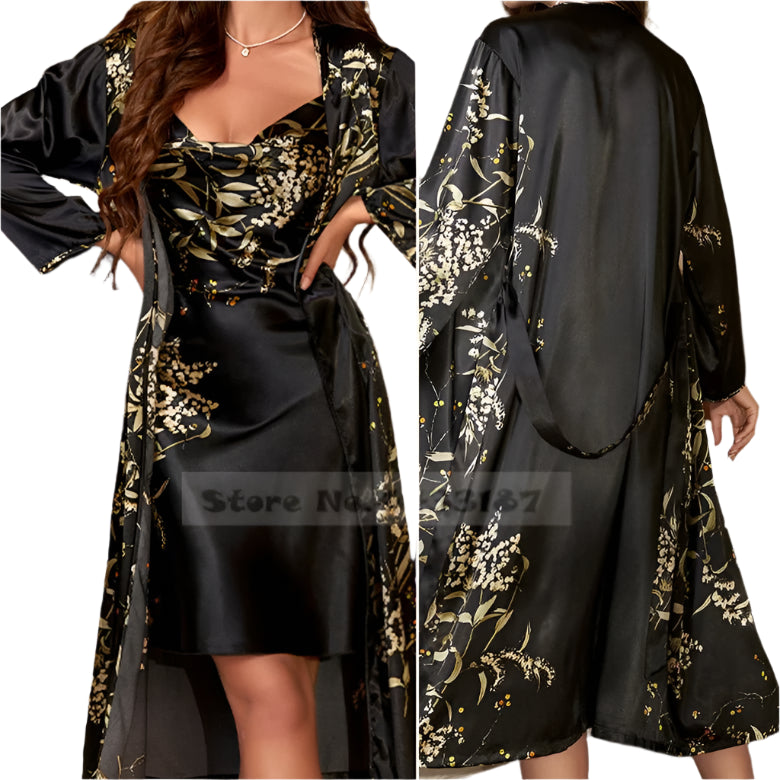 SaneShoppe - Female Four - Piece Set Loungewear: Sexy Print Cherry Satin Bathrobe Nightgown.