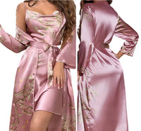 SaneShoppe - Female Four - Piece Set Loungewear: Sexy Print Cherry Satin Bathrobe Nightgown.