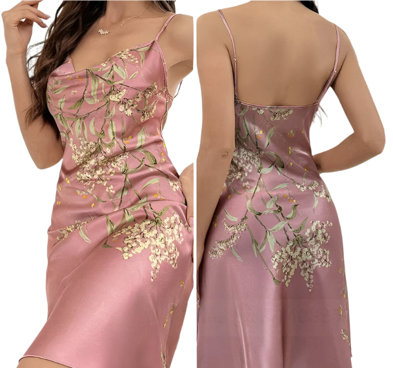 SaneShoppe - Female Four - Piece Set Loungewear: Sexy Print Cherry Satin Bathrobe Nightgown.