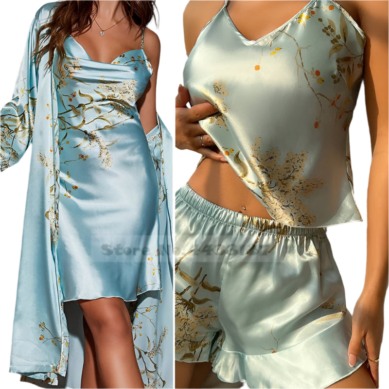 SaneShoppe - Female Four - Piece Set Loungewear: Sexy Print Cherry Satin Bathrobe Nightgown.