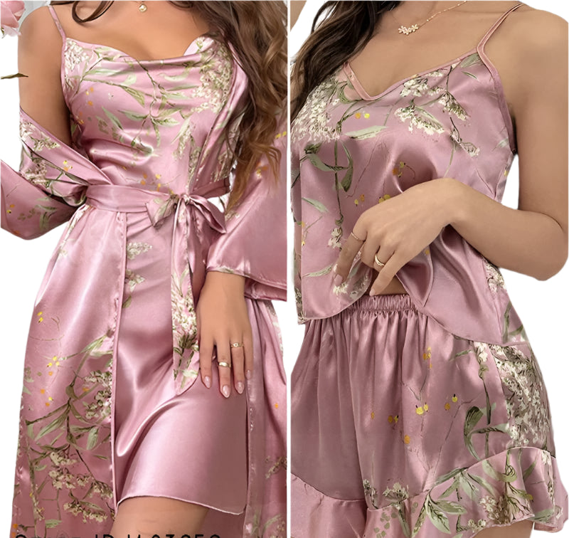 SaneShoppe - Female Four - Piece Set Loungewear: Sexy Print Cherry Satin Bathrobe Nightgown.