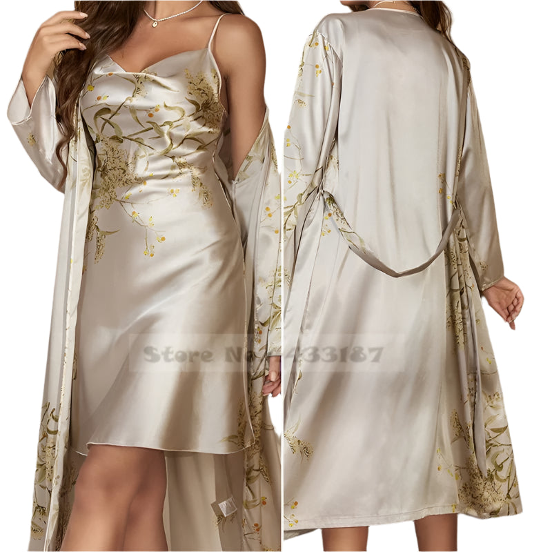 SaneShoppe - Female Four - Piece Set Loungewear: Sexy Print Cherry Satin Bathrobe Nightgown.