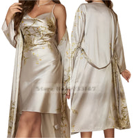 SaneShoppe - Female Four - Piece Set Loungewear: Sexy Print Cherry Satin Bathrobe Nightgown.