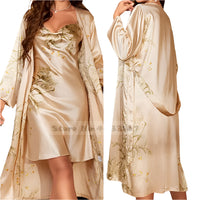 SaneShoppe - Female Four - Piece Set Loungewear: Sexy Print Cherry Satin Bathrobe Nightgown.