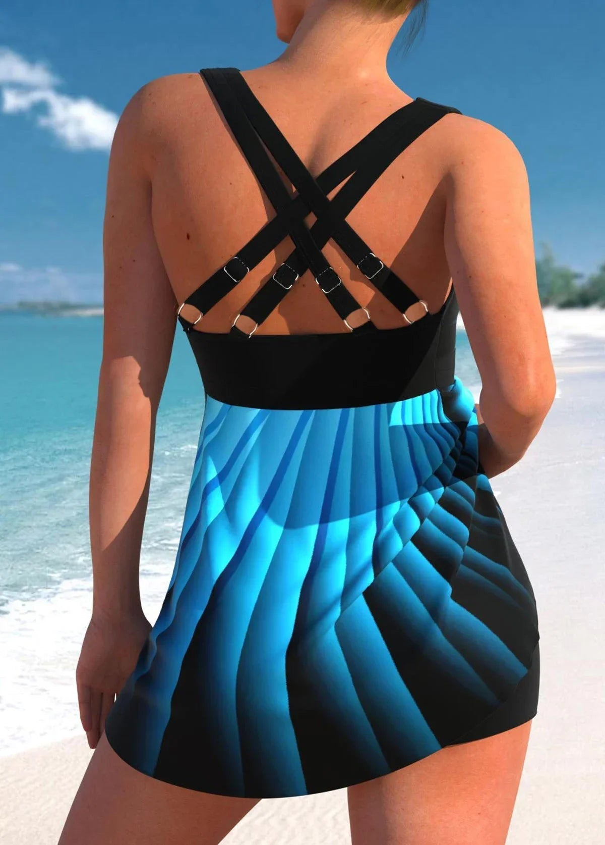 SaneShoppe - Glittery Beam Triangle Tankini Swimsuit with Matching Shorts