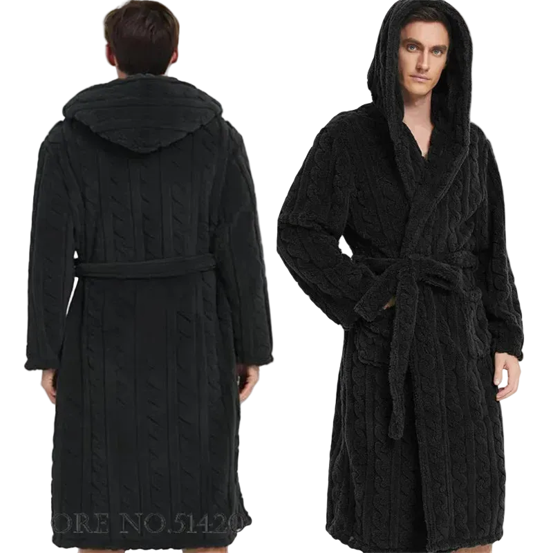 SaneShoppe - Jacquard Flannel Men Robe Plush Coral Fleece Hooded Bathrobe Gown.