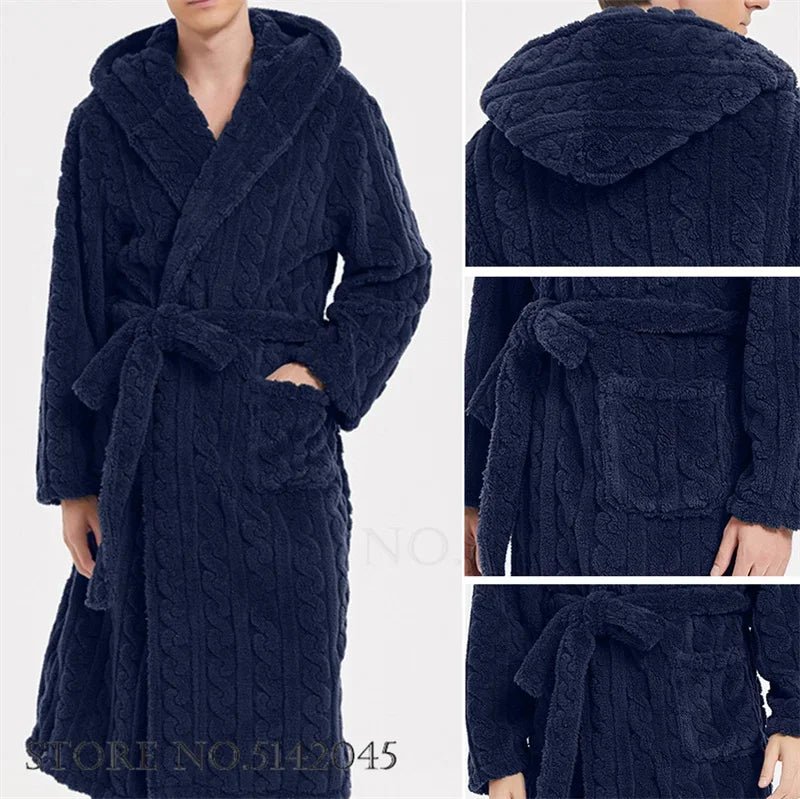 SaneShoppe - Jacquard Flannel Men Robe Plush Coral Fleece Hooded Bathrobe Gown.