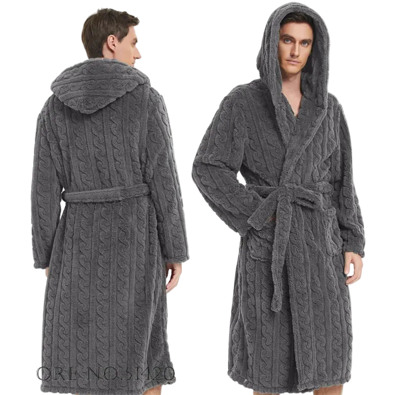 SaneShoppe - Jacquard Flannel Men Robe Plush Coral Fleece Hooded Bathrobe Gown.