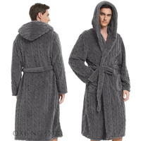 SaneShoppe - Jacquard Flannel Men Robe Plush Coral Fleece Hooded Bathrobe Gown.