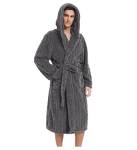 SaneShoppe - Jacquard Flannel Men Robe Plush Coral Fleece Hooded Bathrobe Gown.