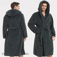 SaneShoppe - Jacquard Flannel Men Robe Plush Coral Fleece Hooded Bathrobe Gown.