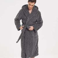 SaneShoppe - Jacquard Flannel Men Robe Plush Coral Fleece Hooded Bathrobe Gown.