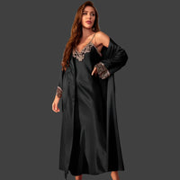 SaneShoppe - Long Twinset Robe Set with Lace Trim Nightdress, Satin Home Wear